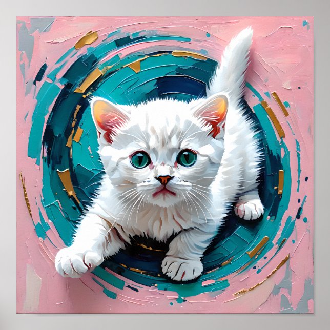 Bedårande vit kattunge i teal virvel poster (Framsidan)