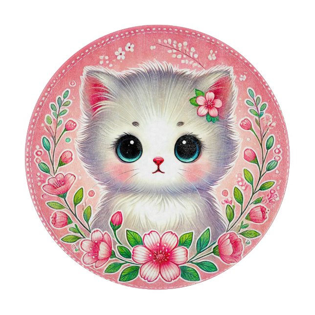Bedårande vit kattunge omgiven av rosa blommor (Framsidan)