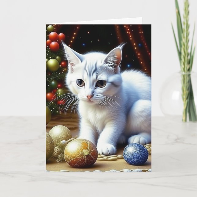 Bedårande vit kattunge personlig jul helgkort (Framsida)