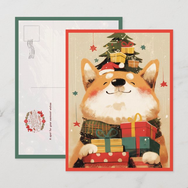 Bedårande Welsh Corgi med julklappar Vykort (Fram/baksida)