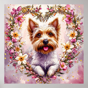 Bedårande Yorkie omgiven av blomsterkrans Poster