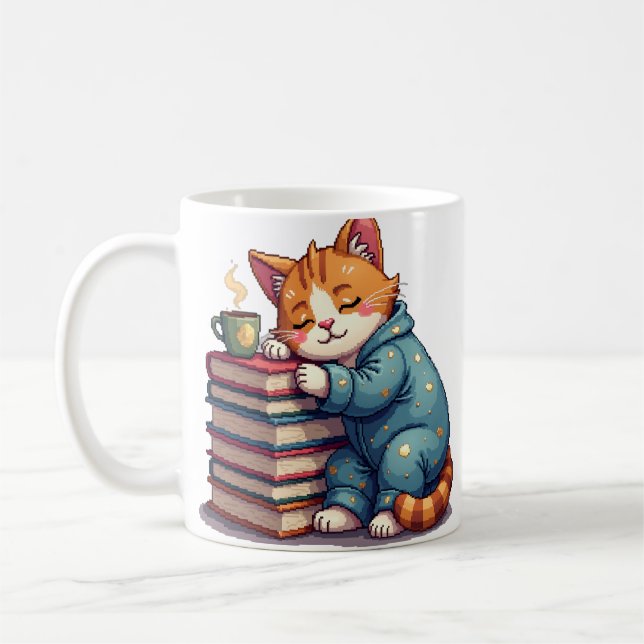 Bedazzlad Trött Katt Pixelkonst Retrospel Nostalgi Kaffemugg (Vänster)