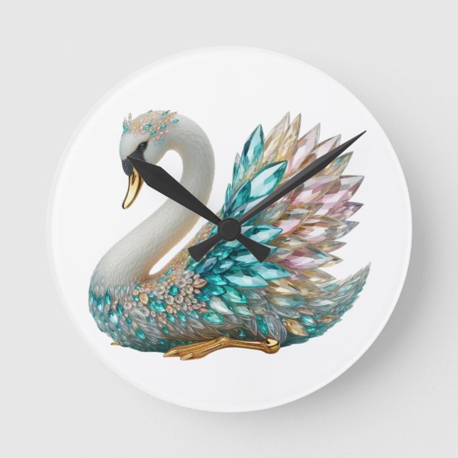 Bedazzled Diamond Swan Gold Crystal Bling Rund Klocka (Framsida)