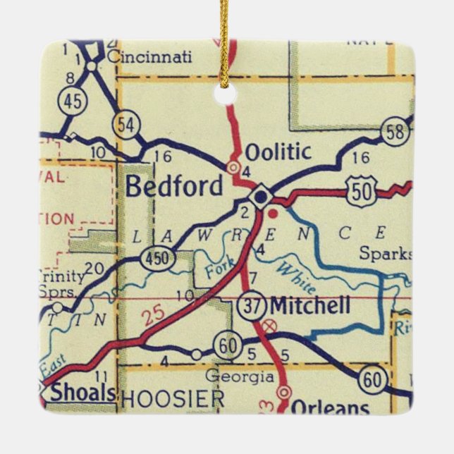 Bedford IN Vintage Karta Julgransprydnad Keramik (Baksida)