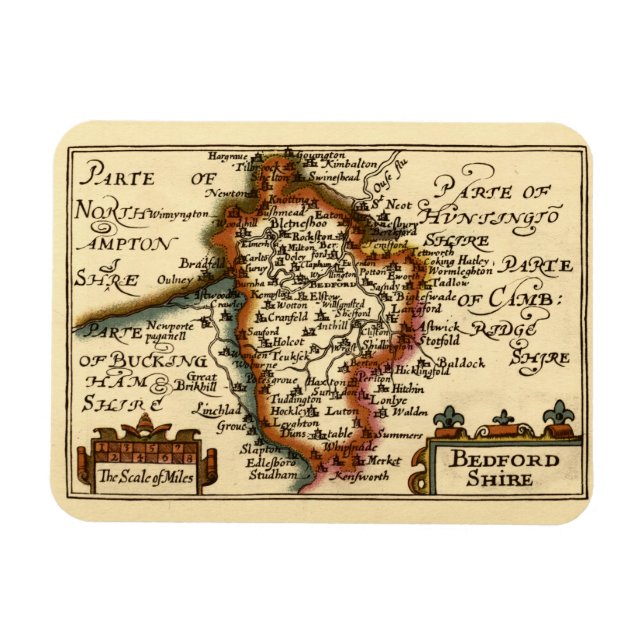 Bedfordshire County England Old Antiquarian Karta Magnet (Horisontell)
