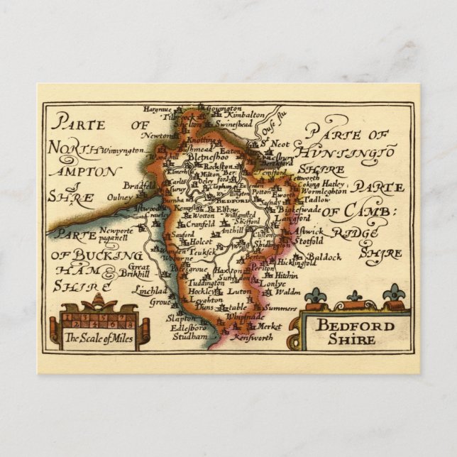 Bedfordshire County England Old Antiquarian Karta Vykort (Framsida)