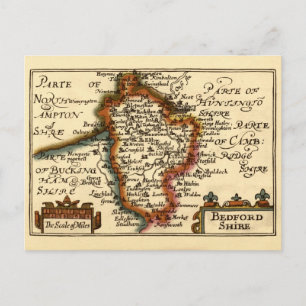 Bedfordshire County England Old Antiquarian Karta Vykort