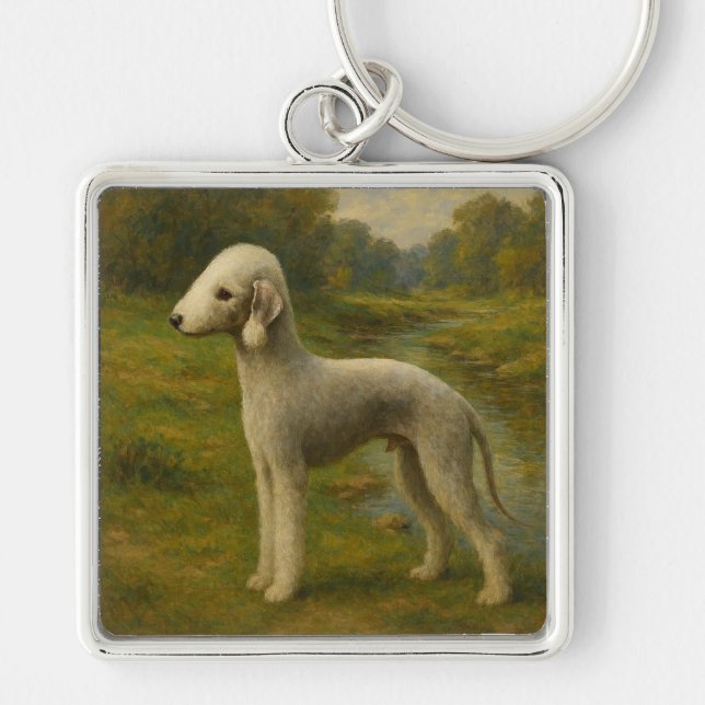 Bedlington Terrier Fyrkantig Silverfärgad Nyckelring (Framsidan)