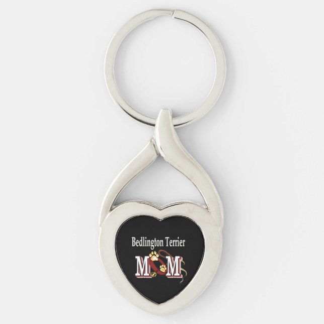Bedlington Terrier Hund MAMMA Twisted Heart Silverfärgad Nyckelring (Framsidan)