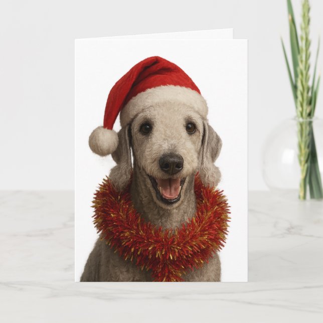 Bedlington Terrier in a Santa hat Christmas card Kort (Framsida)