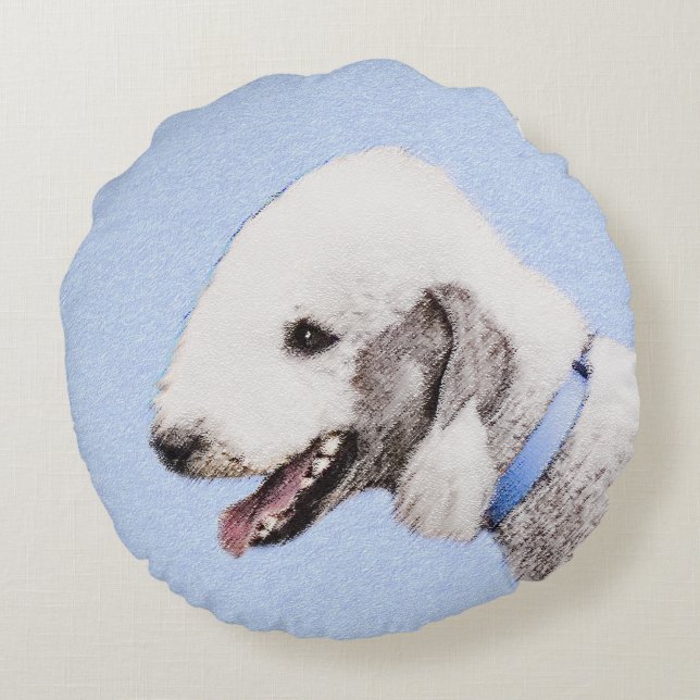 Bedlington Terrier-målning - Original Hund Art Rund Kudde (Baksidan)