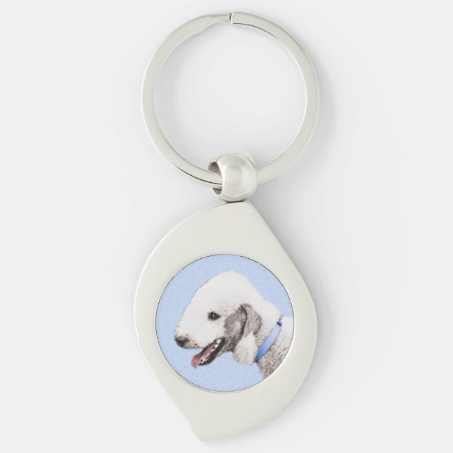 Bedlington Terrier-målning - Original Hund Art Swirl Silverfärgad Nyckelring (Framsidan)