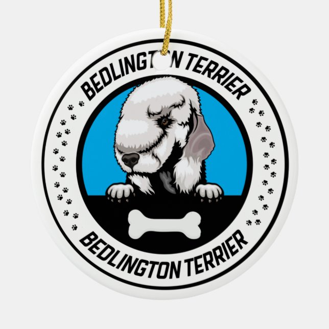 Bedlington Terrier Peeking Illustration Badge Julgransprydnad Keramik (Framsidan)