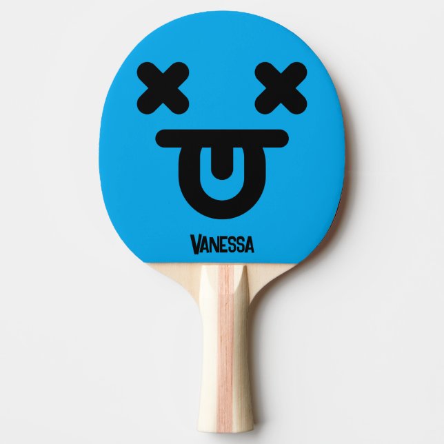 Bedövad Tunga Ut Ansikte Blått med Namn Pingisracket (Framsidan)