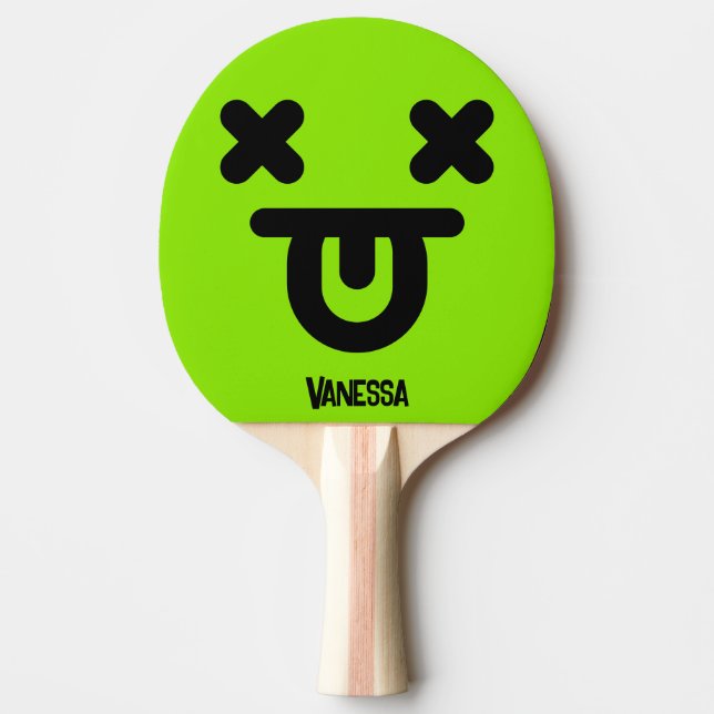 Bedövad Tunga Ut Framför Grönt Ansikte med Namn Pingisracket (Framsidan)