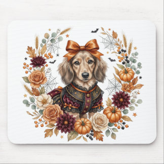 BEDRIVENDE LÅNGHÅRIG DACHSHUND MED HALLOWEEN-TEMA MUSMATTA