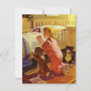 Bedtime Prayers, Girl with Puppy, Vintage Religion Inbjudningar
