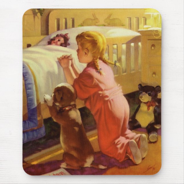 Bedtime Prayers, Girl with Puppy, Vintage Religion Musmatta (Framsidan)