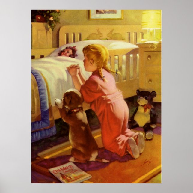 Bedtime Prayers, Girl with Puppy, Vintage Religion Poster (Framsidan)