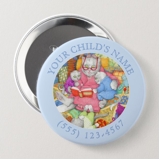 BEDTIME STORY Child ID Button - Blue Knapp (Framsida & baksida)