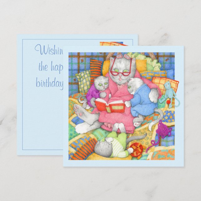 BEDTIME STORY Square Flat Birthday Card / Blue Kort (Fram/baksida)