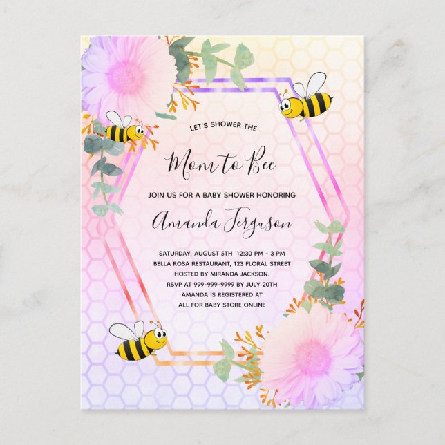Bee Baby dusch Girl blommigt greenery mamma to be Inbjudan Vykort (Framsida)