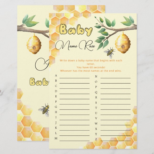 Bee Baby Shower Baby Namn Tävling (Fram/baksida)