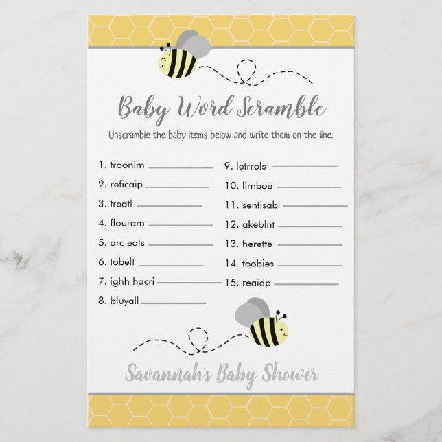 Bee Baby Shower Baby Ord Scramble Game (Framsida)