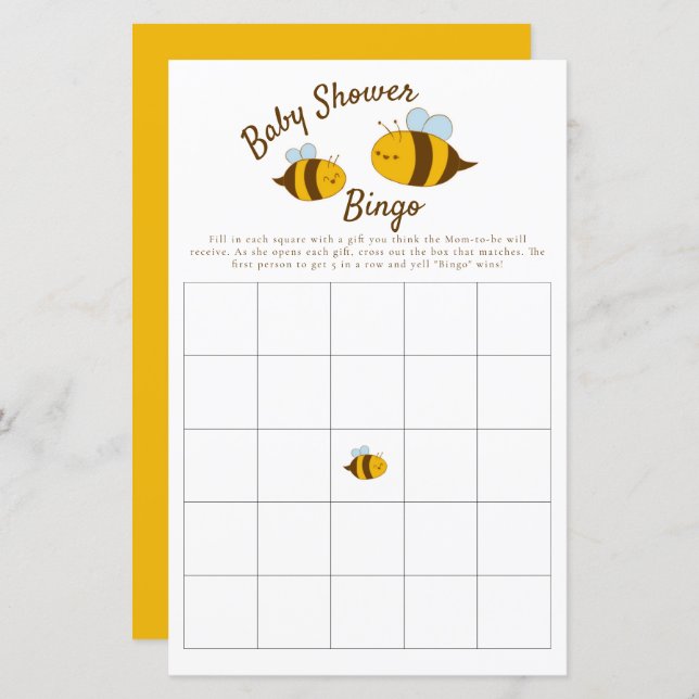 Bee Baby Shower Bingo Party Game Cute (Fram/baksida)