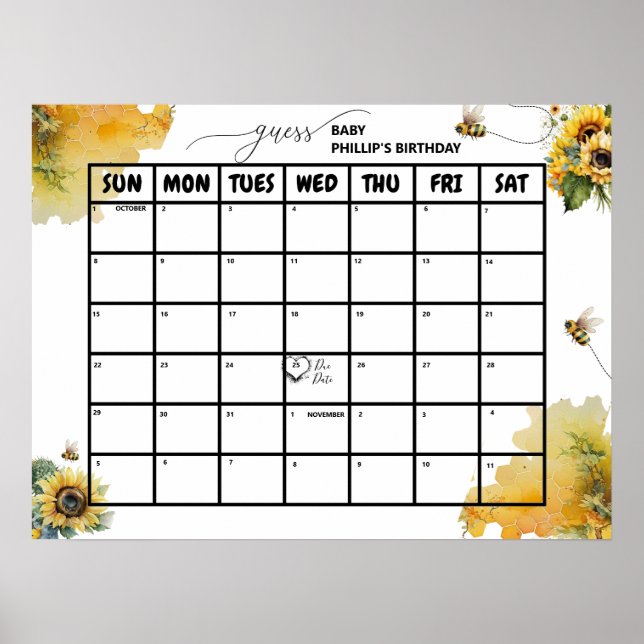 Bee Baby Shower | Förfallodatum Poster (Framsidan)