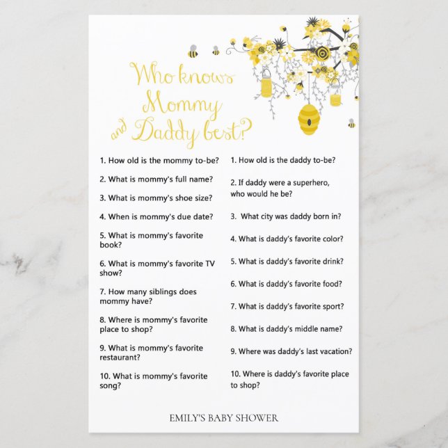 Bee Baby Shower Game - Vem känner pappa & Mamma (Framsida)