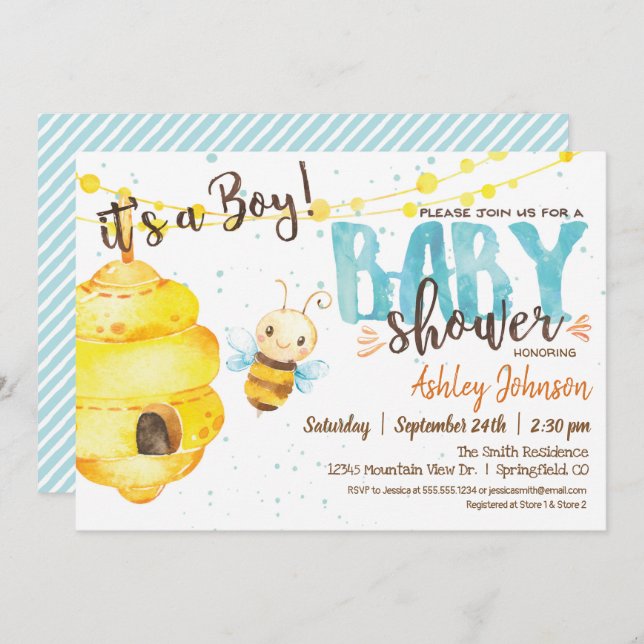 Bee Baby Shower-inbjudan, pojk Inbjudningar (Fram/baksida)