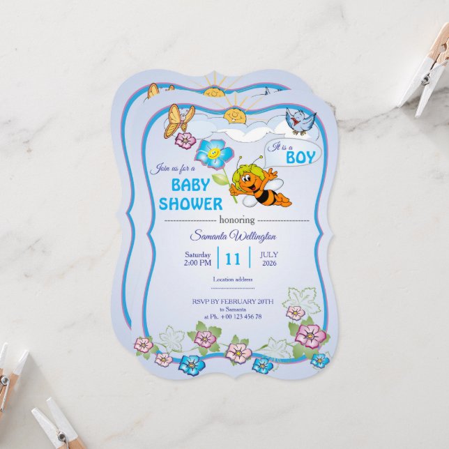 Bee Baby Shower Invitation for boy Inbjudningar (Fram/Back In Situ)