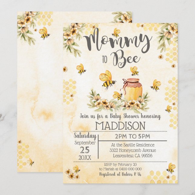 Bee Baby Shower Invitation Mommy to Bee Inbjudningar (Fram/baksida)