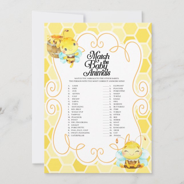 Bee Baby Shower matchar Baby djur-spelet Inbjudningar (Framsida)
