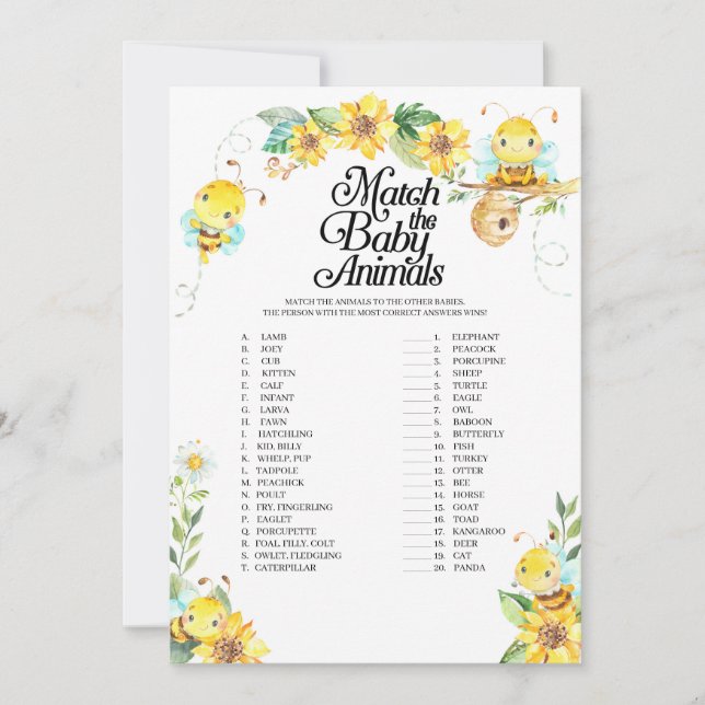 Bee Baby Shower matchar spelet Baby djur Inbjudningar (Framsida)