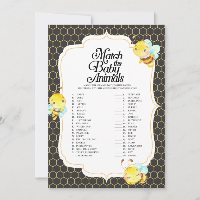 Bee Baby Shower matchar spelet Baby djur Inbjudningar (Framsida)