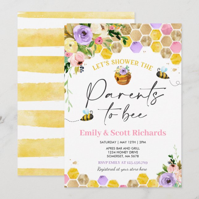 Bee Baby Shower Rosa Blommigt Parants to Bee Baby Inbjudningar (Fram/baksida)