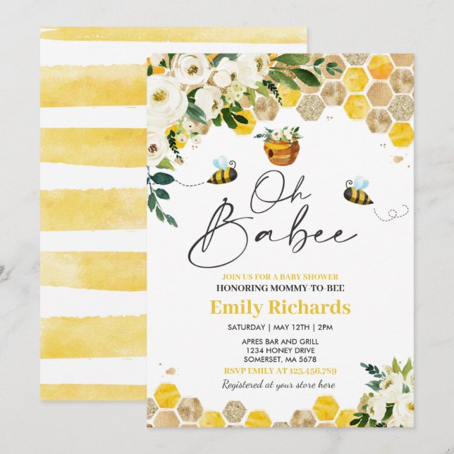 Bee Baby Shower Rosa Gender Neutral Oh Babee Inbjudningar (Fram/baksida)