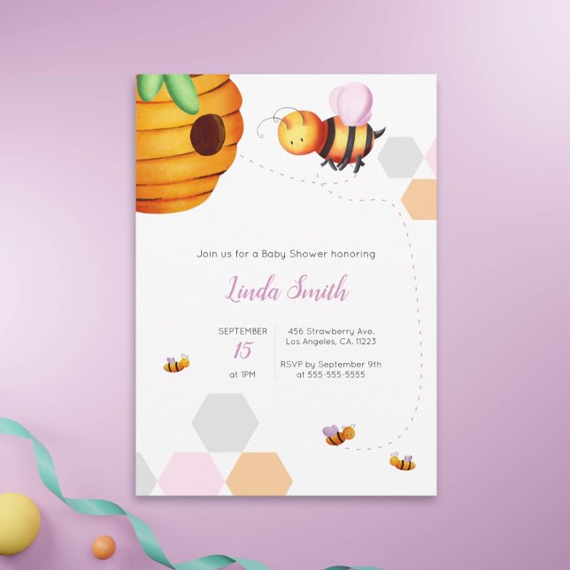 Bee Baby Shower Rosa Girl Girl Illustration Inbjudningar (Skapare uppladdad)