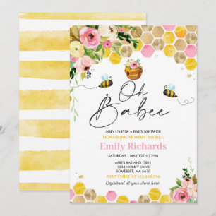 Bee Baby Shower Rosa Vår Blommigt Oh Babee Inbjudningar