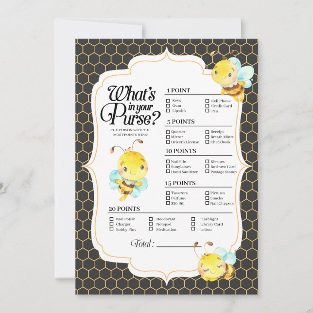 Bee Baby Shower What's in your Purse Game Inbjudningar (Framsida)