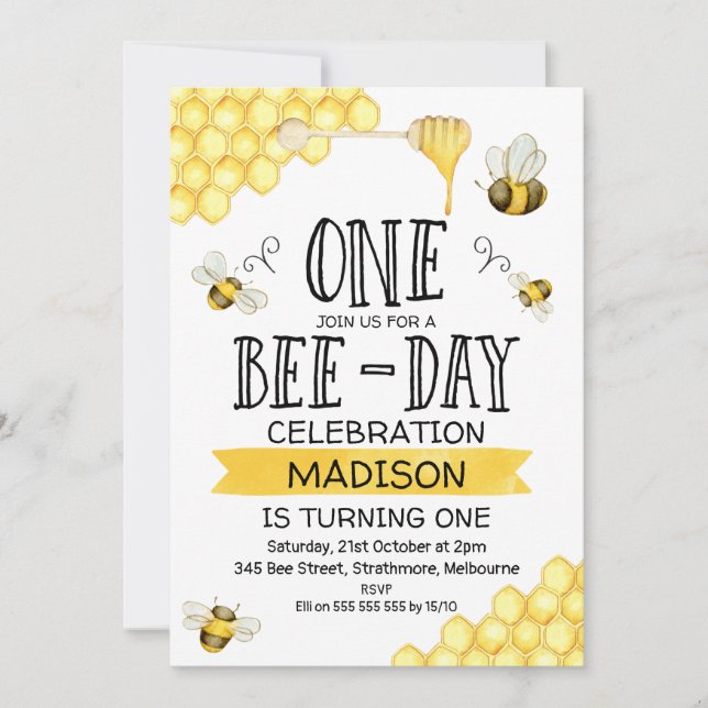 Bee Bee Day First Birthday bjudande Inbjudningar (Framsida)