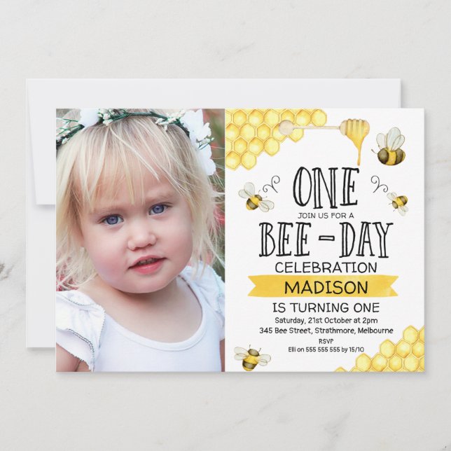 Bee Bee Théed Photo Bee Day First Birthday bjudand Inbjudningar (Framsida)