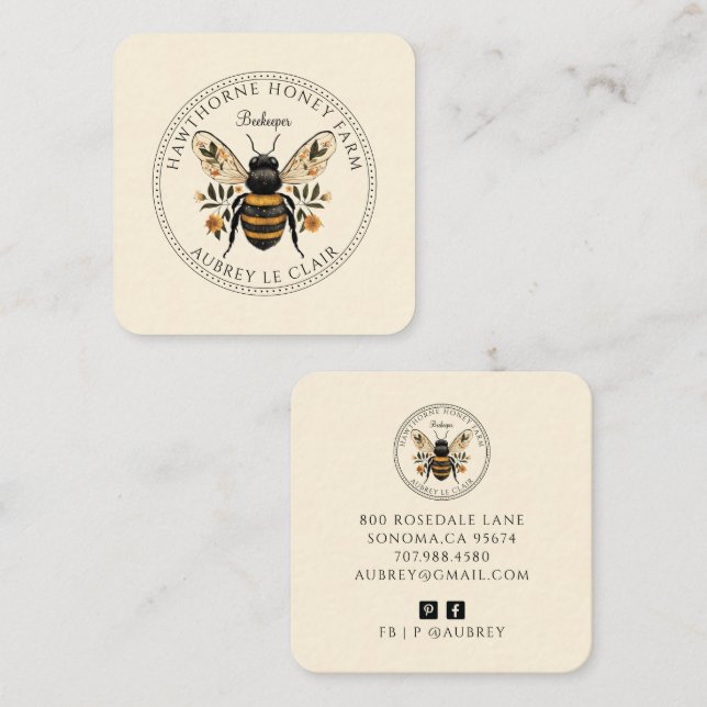Bee Beekeeper Honey Apiary Business Card Fyrkantigt Visitkort (Fram/baksida)