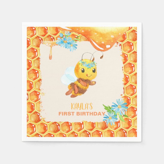 Bee Birthday Napkin - Girl - Anpassningsbar Pappersservett (Framsidan)