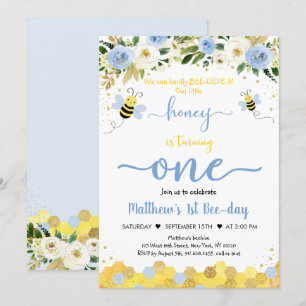Bee Blue Guld Boy First Birthday Bee Day Inbjudningar