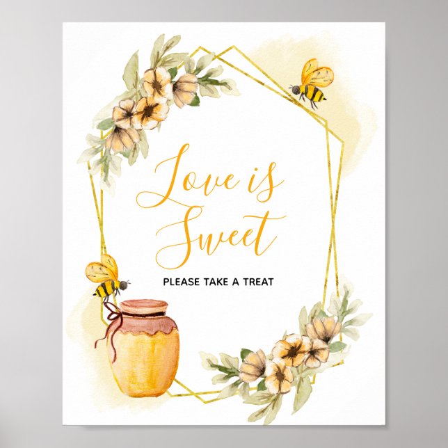 Bee Botanical Watercolor Kärlek är Sweet Sign Poster (Framsidan)