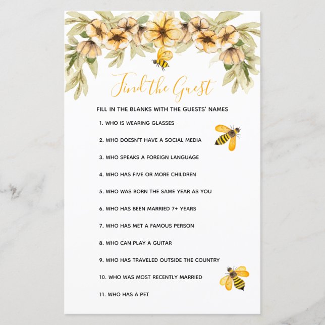 Bee botaniska babyduschen Hitta gästspelet (Framsida)