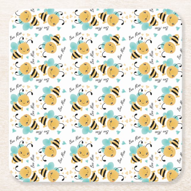 Bee Bumblebee Mönster Hearts Underlägg Papper Kvadrat (Framsidan)